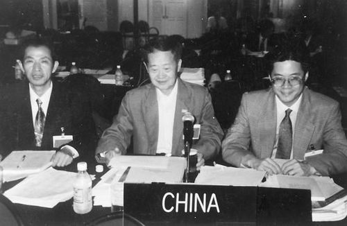羅哲文（中）在世界遺產大會上代表中國發言