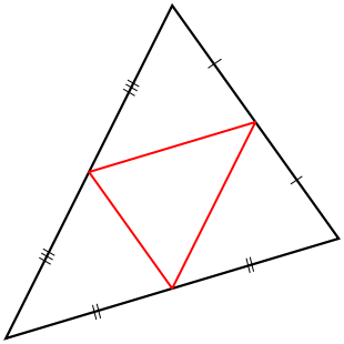圖1.小三角形（紅線）即為原三角形（黑線）的中點三角形