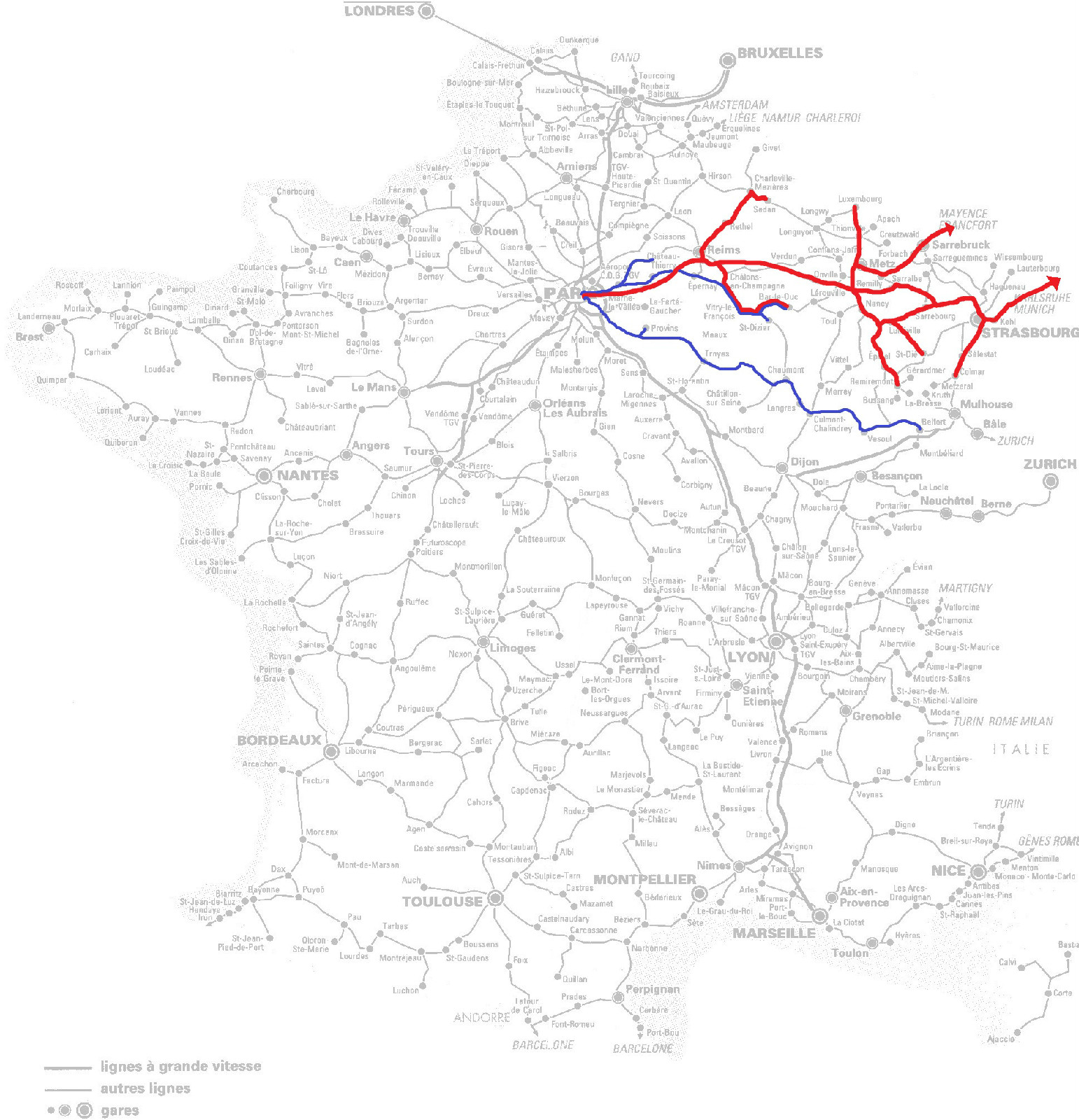 巴黎東站通達度（紅為高鐵，藍為慢車）