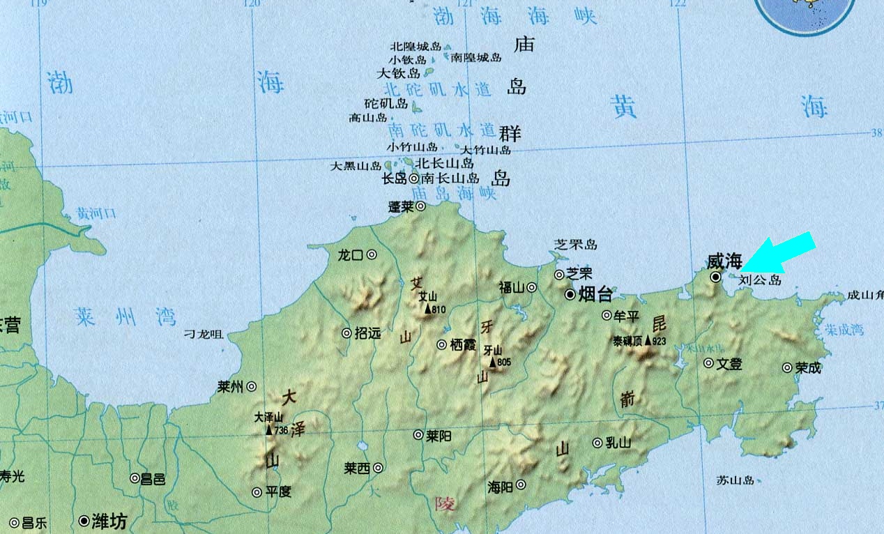 劉公島與渤海及山東半島的位置關係