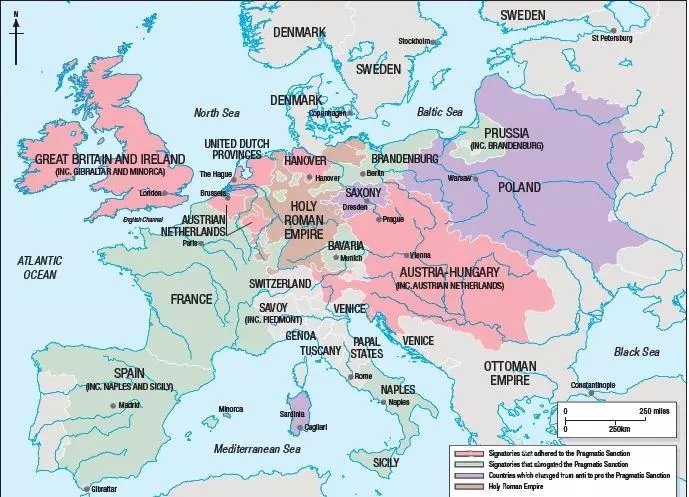 奧地利王位繼承戰爭爆發時歐洲列強的版圖
