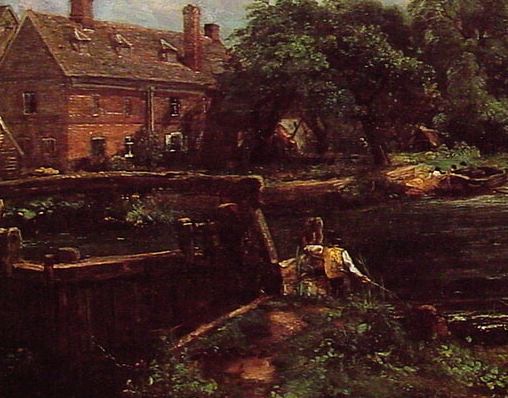 油畫中描繪了池塘邊的房舍和玩耍的孩子