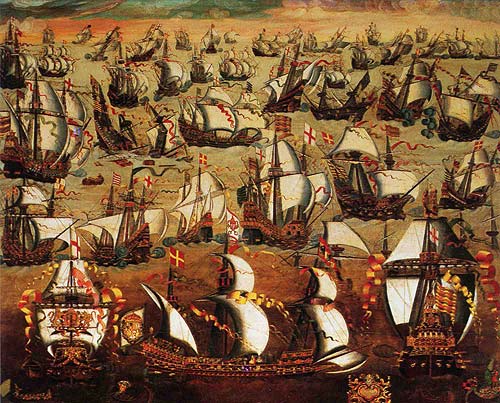 1588年，英國私掠海盜擊敗西班牙無敵艦隊