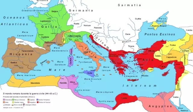公元前42年的地中海形勢  紅色為共和派領地