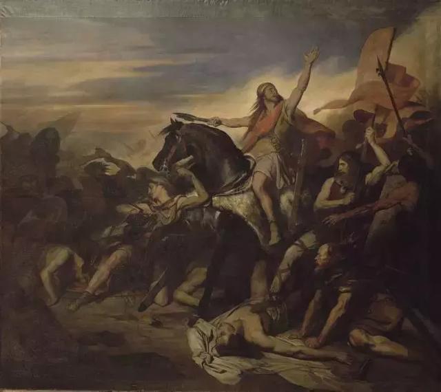 近代的油畫 描繪了克洛維在激戰中指揮法蘭克軍隊