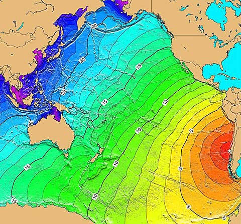 地圖顯示了海嘯波及的時間