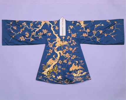 藍緞平金繡整枝松鶴紋對襟衫(傳世實物)
