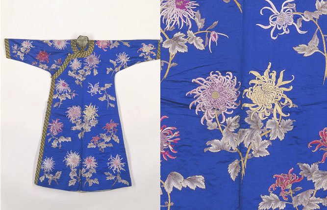 清光緒寶藍色緞繡折枝菊花紋袷便袍