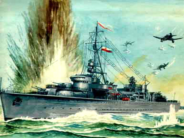 表現二戰中波蘭布雷艦“gryf”號與德軍英勇戰鬥的油畫