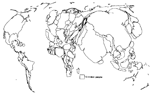 圖1 在1950年人口數量基礎上建立的世界各國人口變化圖