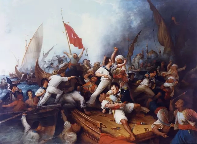 描繪美國海軍與巴巴裏海盜廝殺的油畫