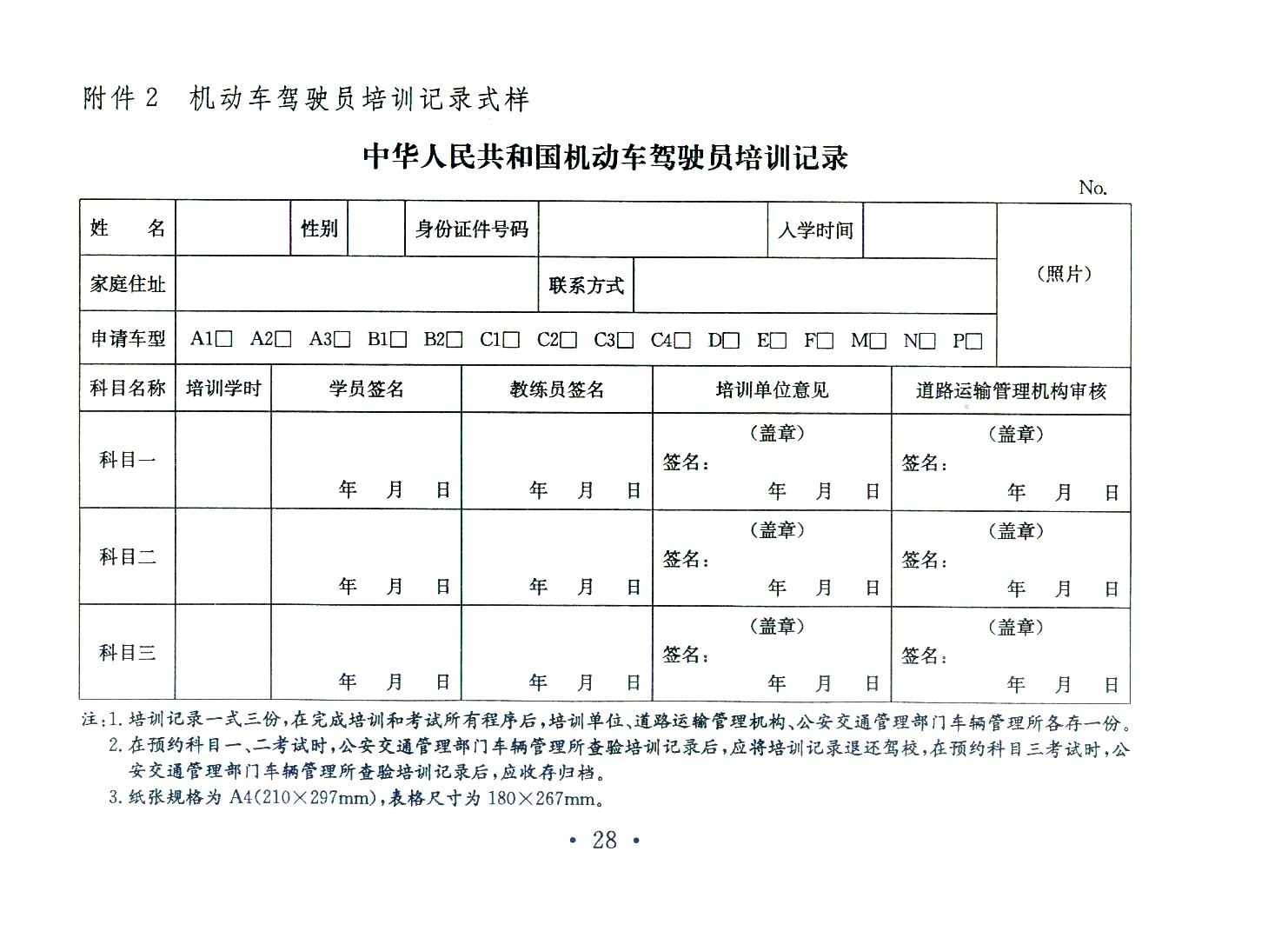 中華人民共和國機動車駕駛員培訓記錄