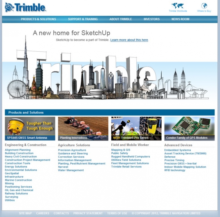 收購sketchup時，Trimble在其官網的海報。