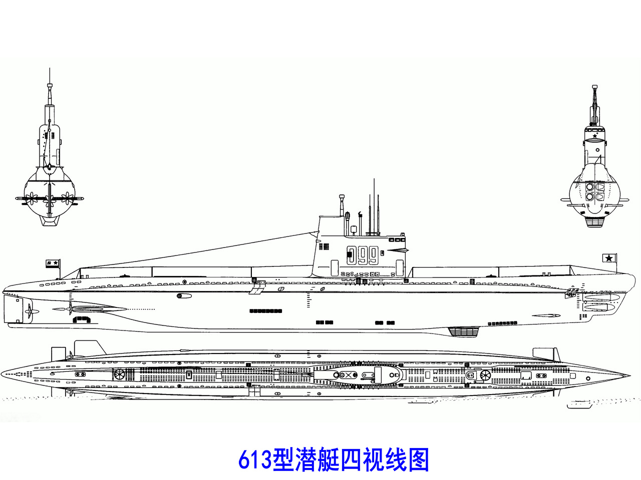 613型潛艇四視線圖