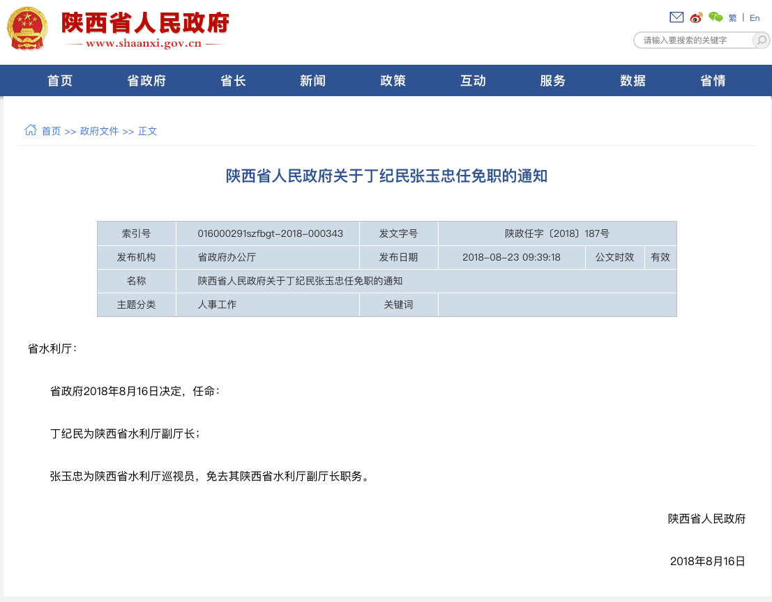 陝西省人民政府關於丁紀民張玉忠任免職的通知