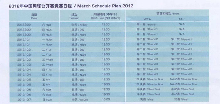 2012年中國網球公開賽競賽日程