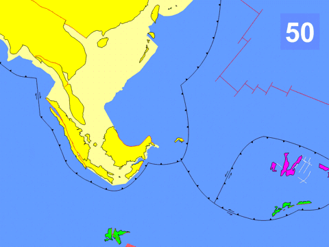 南海的演變過程(圖片右上角數字為百萬年，據Robert Hall, 1995)
