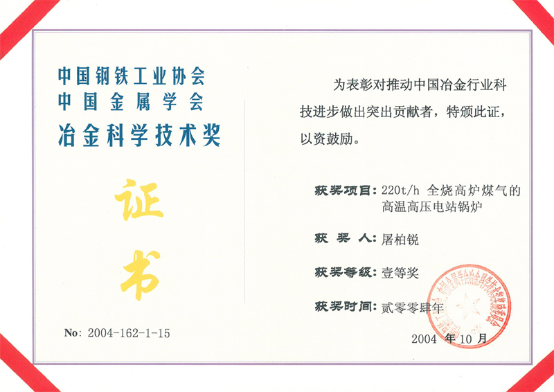 中國金屬協會冶金科學技術獎一等獎證書