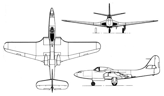 XFD-1 三面圖，尾翼沿用了 XP-67 的設計