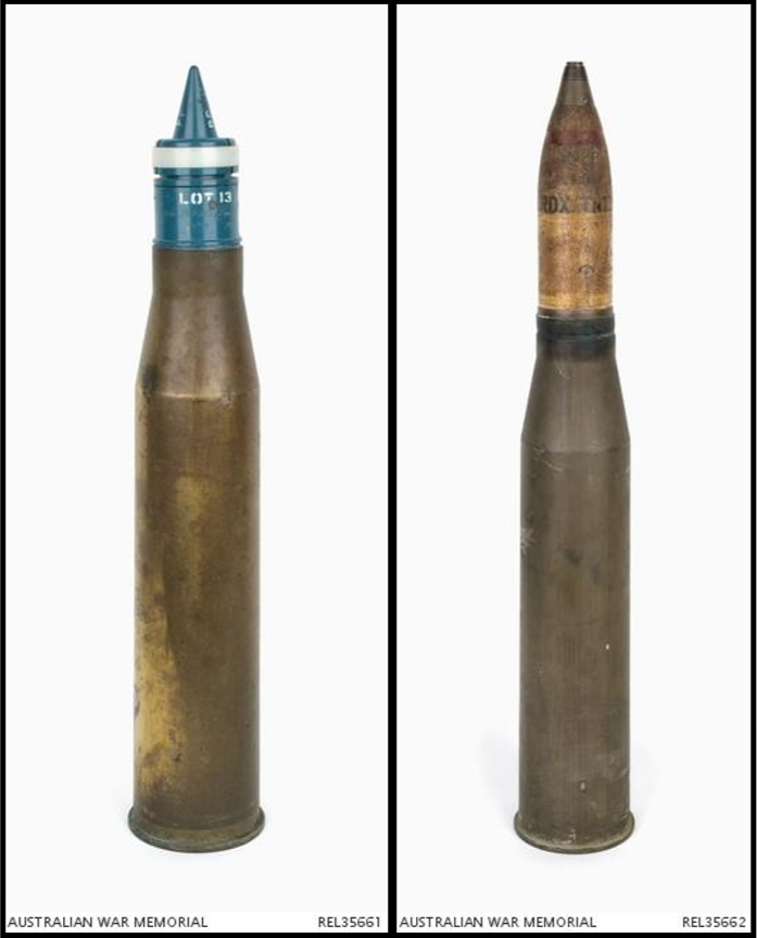 20磅訓練APDS彈(左)&amp;20磅HE(RDX/TNT裝藥)(右)