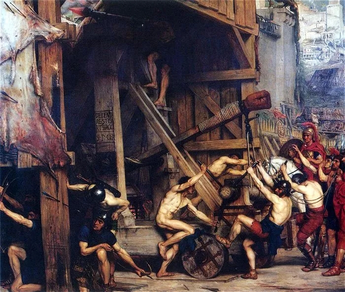 19世紀的油畫上 羅馬人用各種機械猛攻耶路撒冷