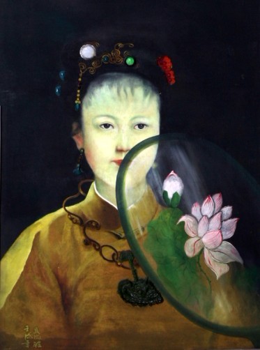 武微波紅樓系列油畫《寶釵遮面半邊福》