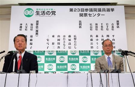 黨代表小澤一郎和幹事長鈴木克昌在開票現場