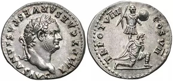 提圖斯發行的銀幣 注意反面是一個士兵鎮壓猶太人形象