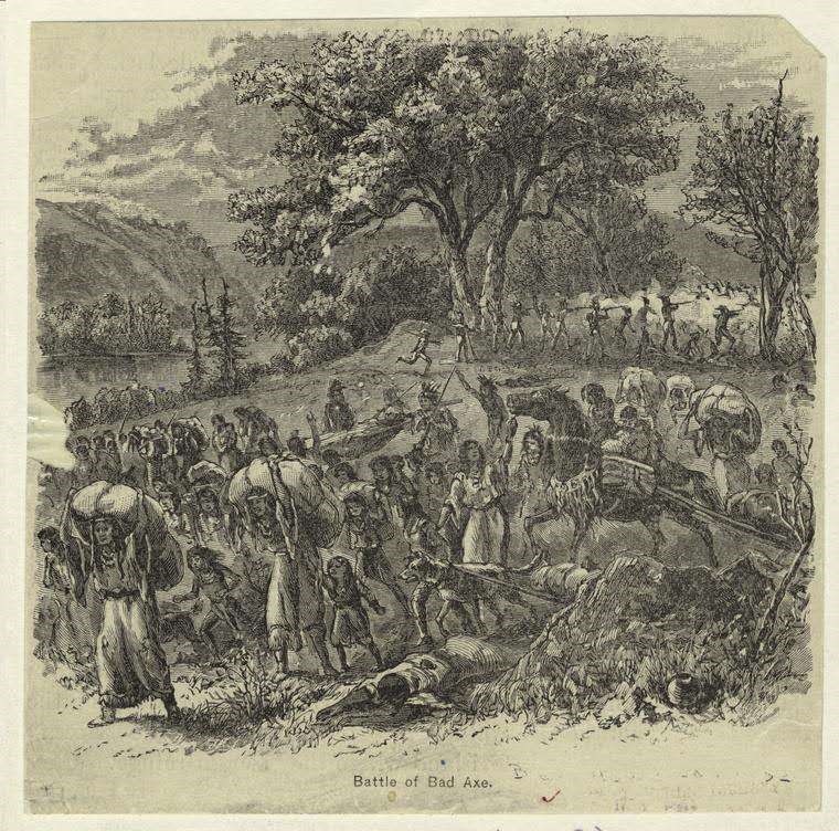 原住民婦女及兒童在壞斧頭戰役後為了逃命而準備跨越密西西比河
