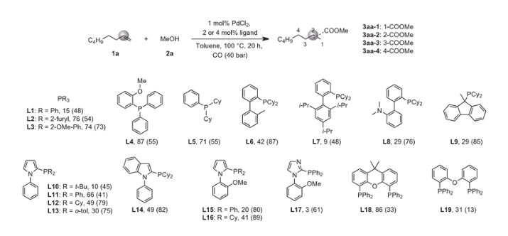 Pd(II)催化的烷基端烯的烷氧羰基化反應