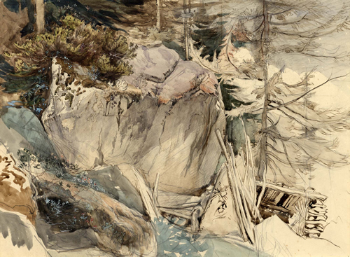 拉斯金的作品—《山岩石和高山玫瑰》