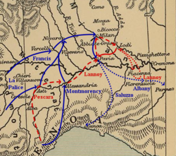 帕維亞戰役地圖，法軍藍線，帝國紅線