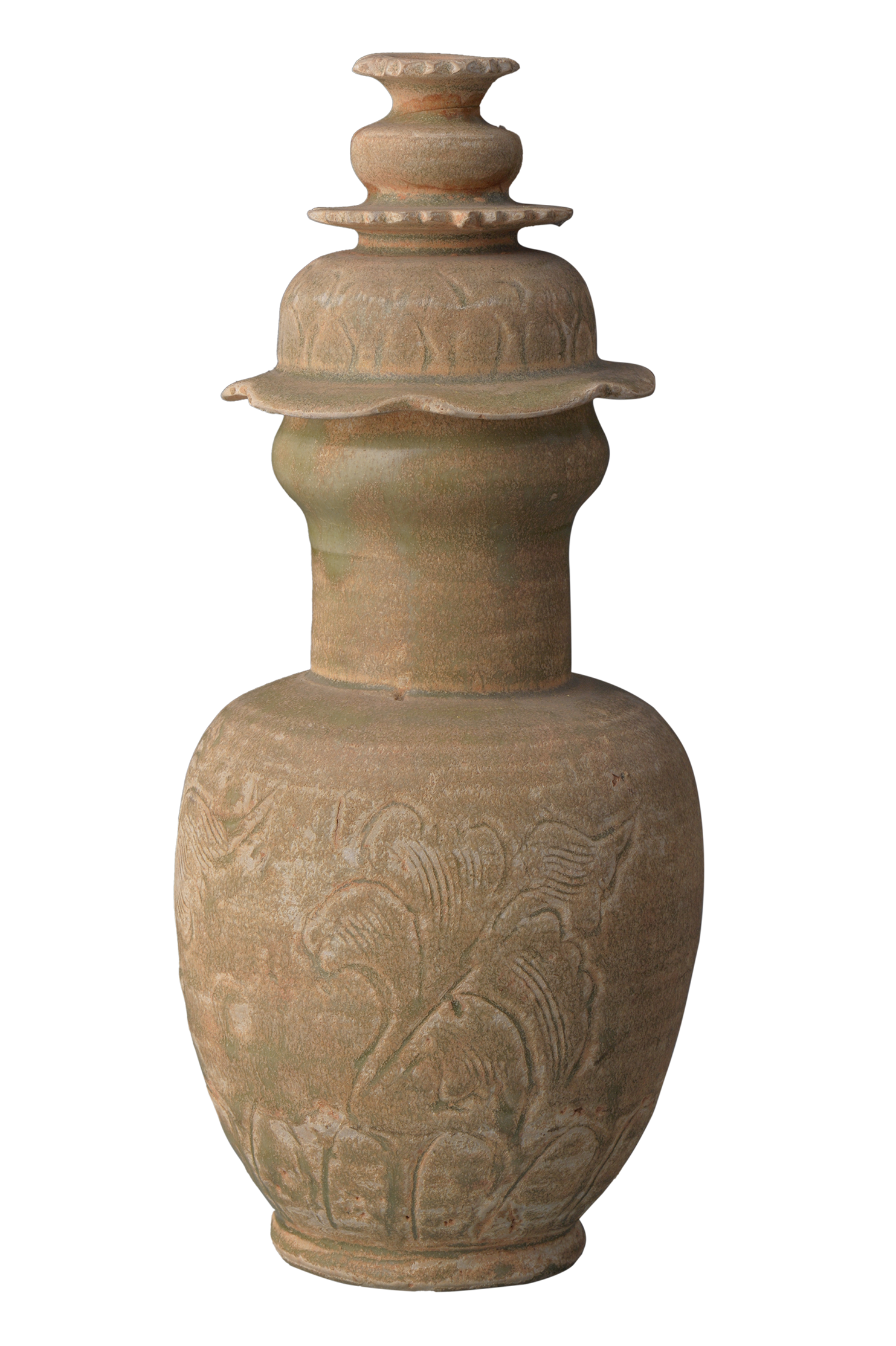 北宋龍泉窯青釉刻劃花長頸帶蓋瓷瓶