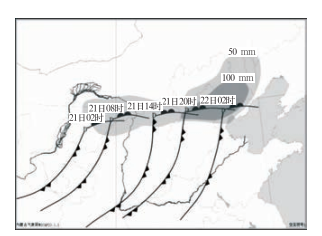 圖22012年7月21—22日河套氣旋時間演變及暴雨落區圖