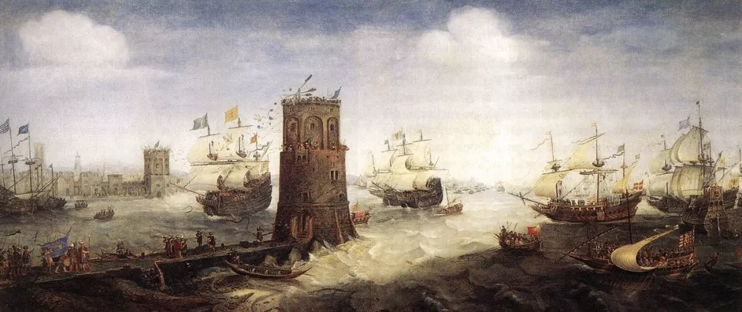 一副近代油畫 描繪的是第五次東征的十字軍攻打尼羅河口