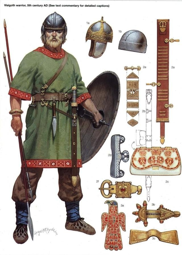 西哥特武士復原圖，他的裝備說明哥特人受到了羅馬的影響