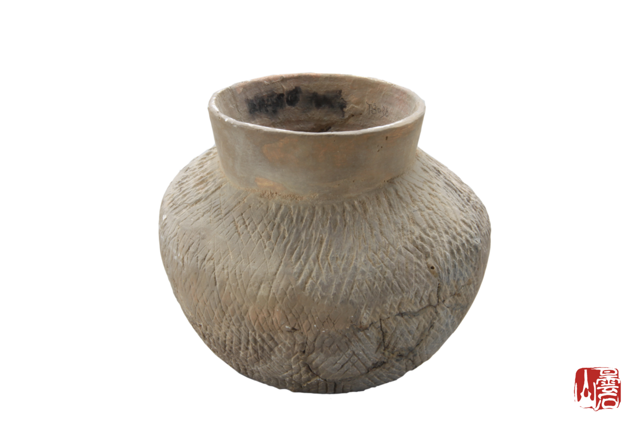 新石器時代夾砂灰黃陶交錯粗繩紋陶罐