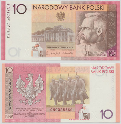 10茲羅提紙幣上的畢蘇斯基像