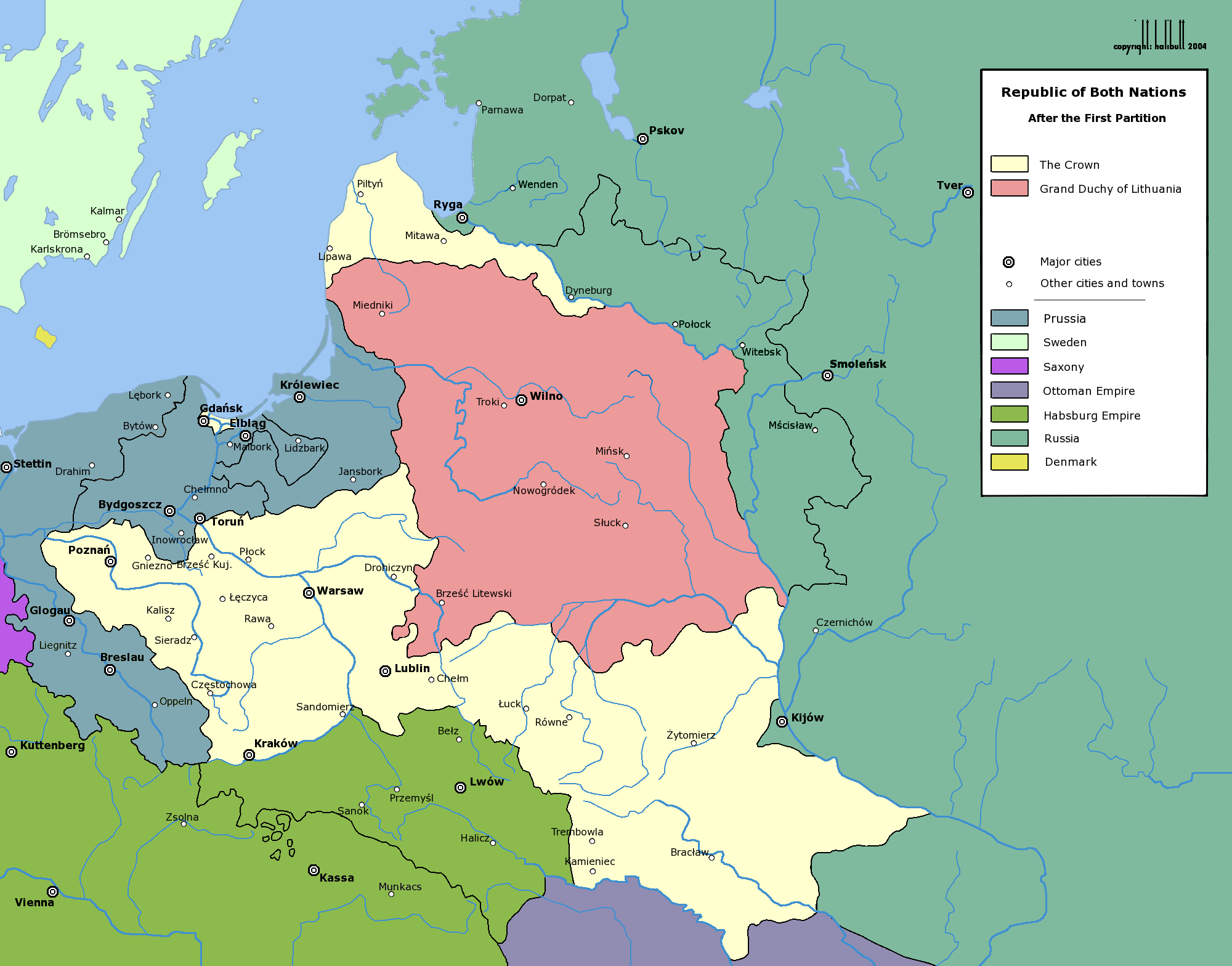 第一次瓜分後波蘭疆域（淺黃色和紅色部份）