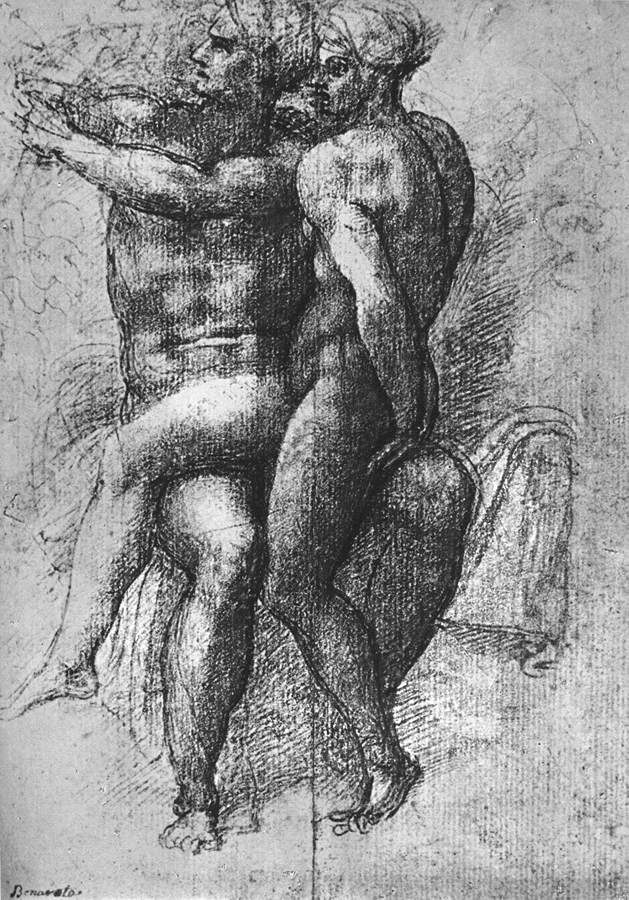 裸體女子坐在裸體男子的大腿上：亞當和夏娃
