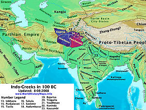 公元前100年印度-希臘王國疆域 .