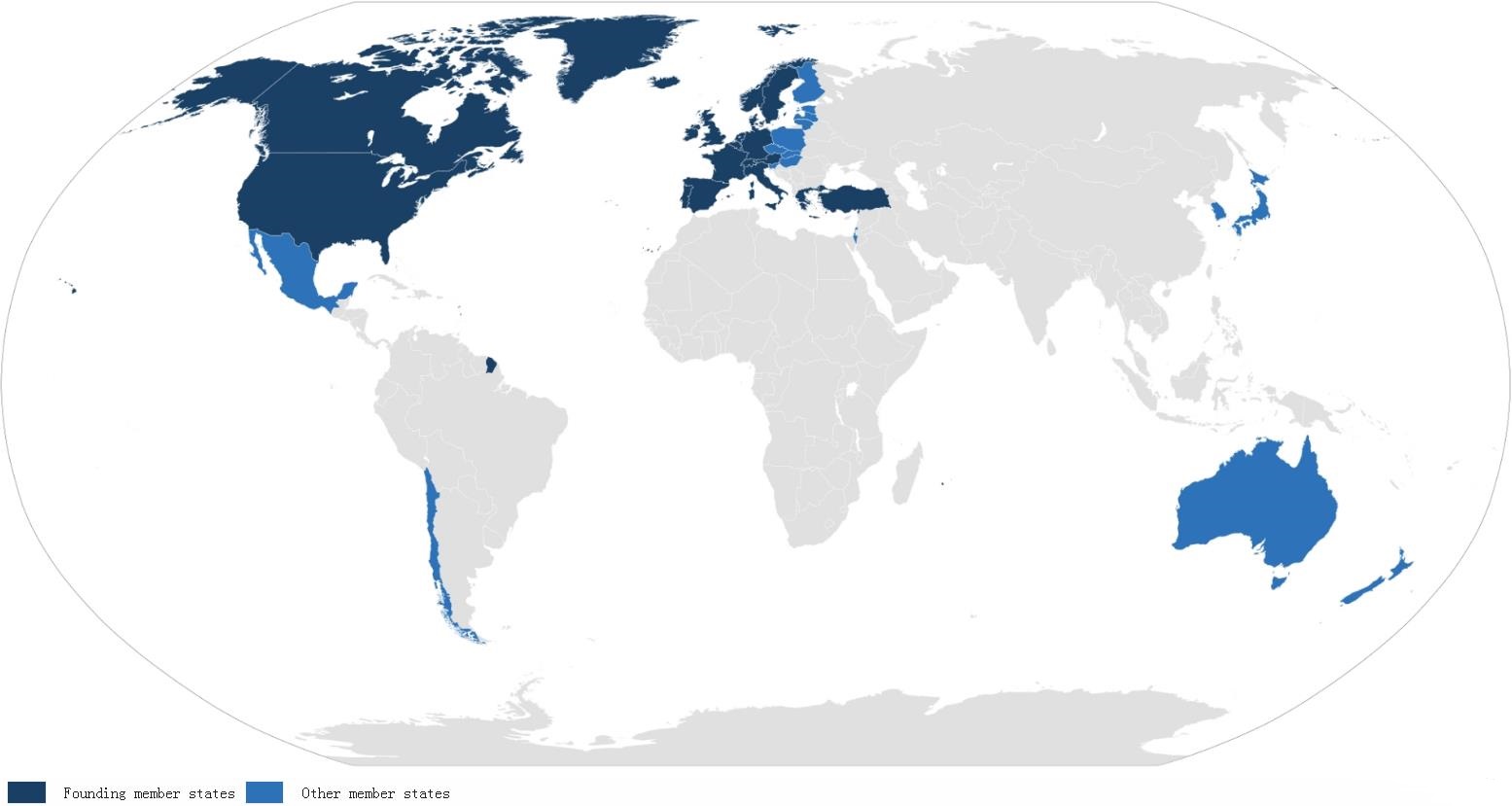 深藍色為創始成員國，淺藍色為後加入的成員國