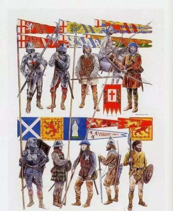 弗洛登戰役中的 英格蘭（上）與蘇格蘭士兵（下）