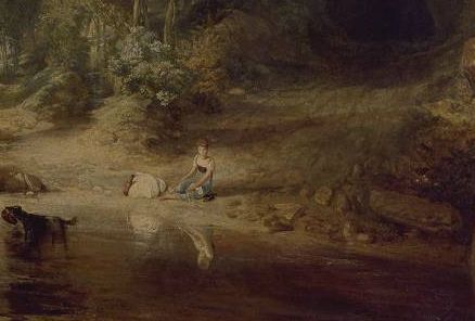 油畫中一位女子在河岸捲起褲腳準備渡河
