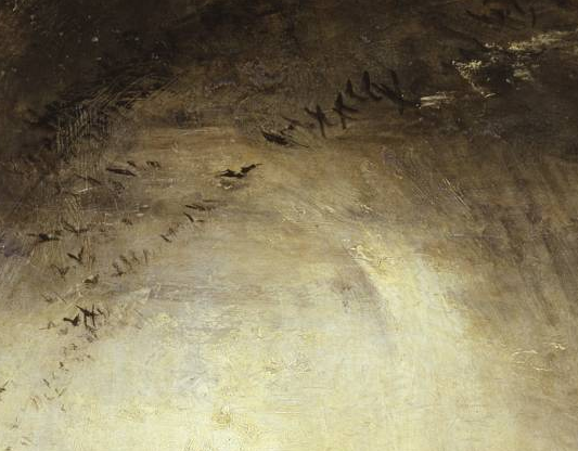 油畫中描繪的飛入光中成放射狀的鳥類隊形