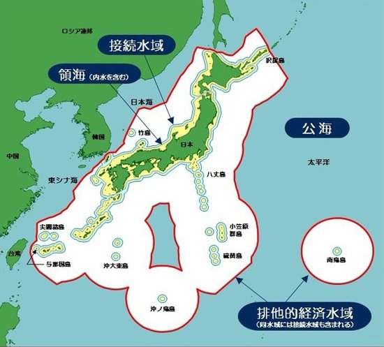 日本主張的專屬經濟區範圍示意圖