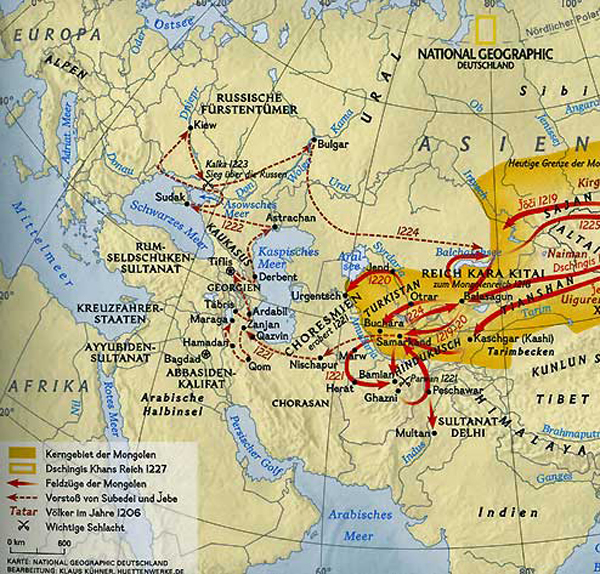 成吉思汗西征示意圖（選自美國國家地理）