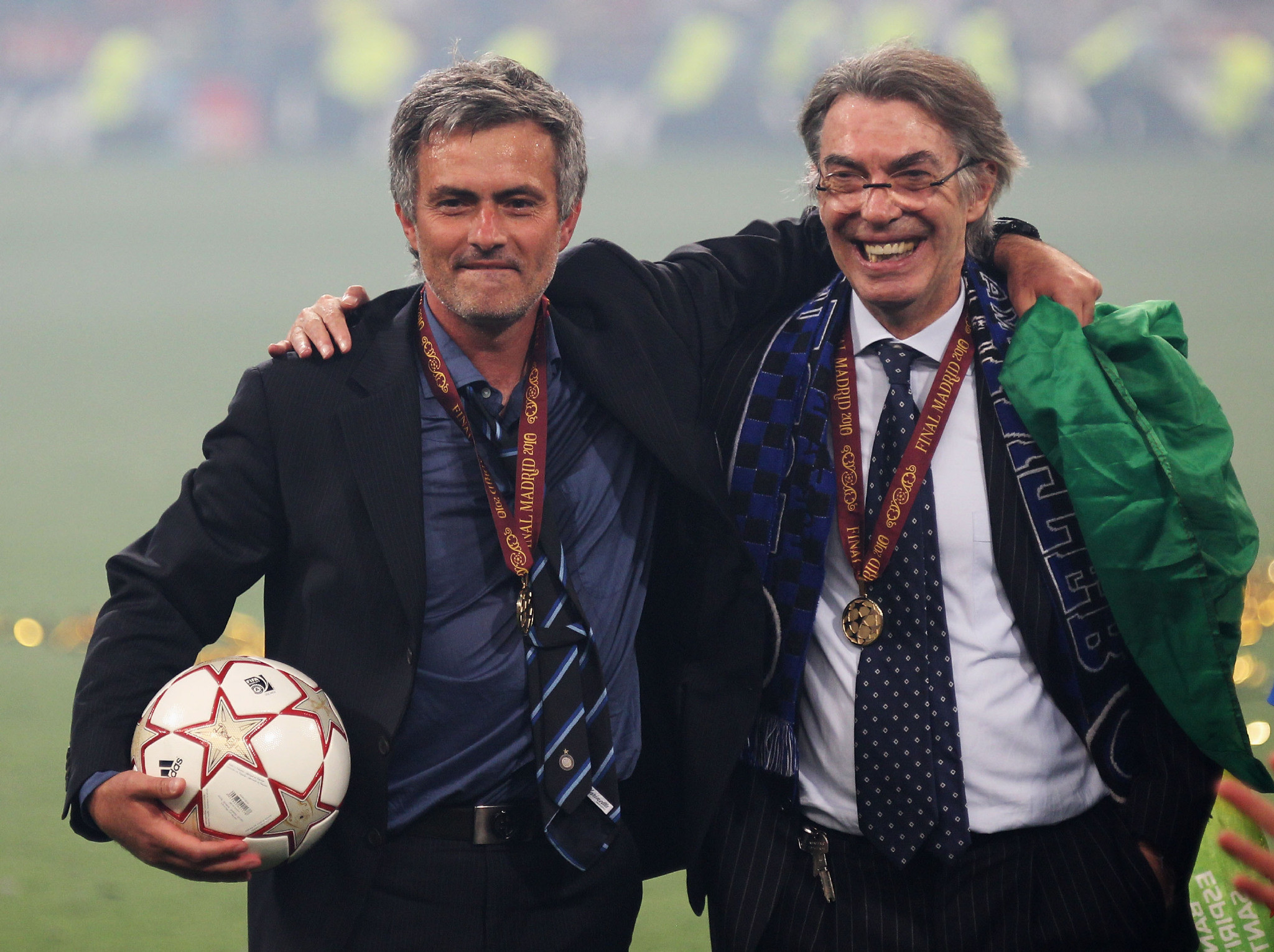 穆里尼奧與莫拉蒂慶祝球隊登頂歐洲