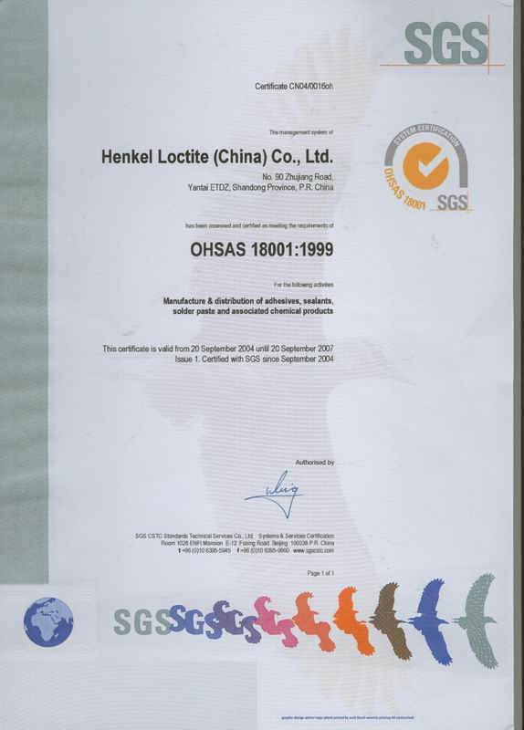 SGS公司出具的OHSAS18001證書