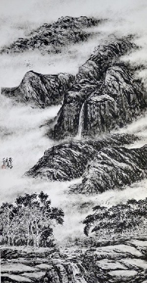 中國著名焦墨畫家林蘭子焦墨山水